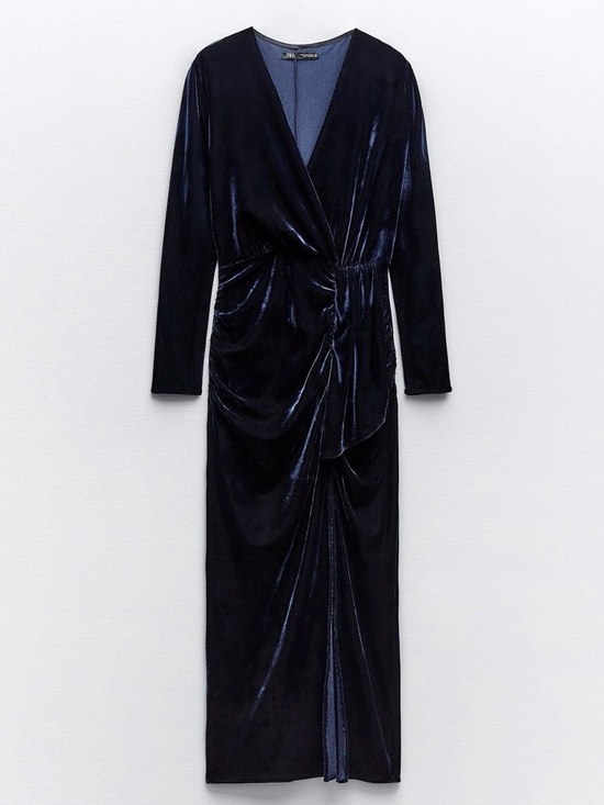 Zara Navy Velvet Wrap Midi Dress Ruched Slit Elegant Evening Size S - Picture 5 of 16